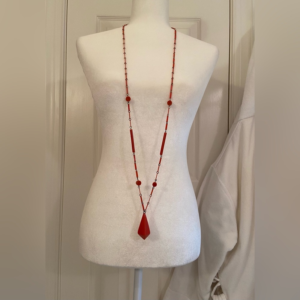 Vintage 20s Art Deco Coral Celluloid Flapper Necklace Catalin Bakelite Beaded - Picture 2 of 8